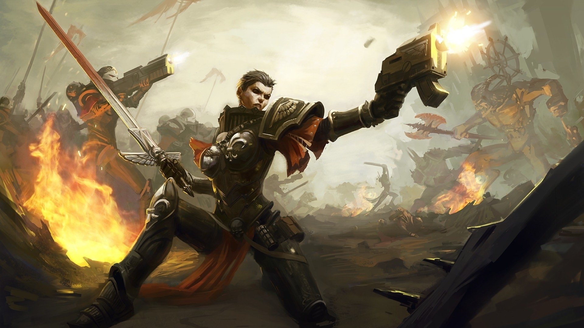 HD PC desktop wallpaper depicting an intense Warhammer 40k battle scene, featuring a heavily armored soldier firing a pistol amid chaos and flames.