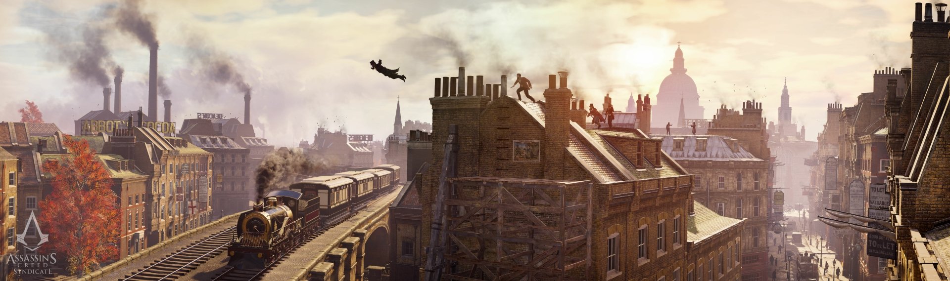 A dramatic scene from Assassin's Creed: Syndicate, featuring a train alongside rooftops, with a figure leaping between buildings against a stunning sunset backdrop.