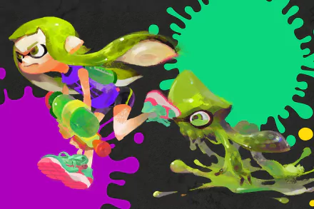 HD desktop wallpaper featuring Splatoon characters in action with vibrant ink splashes on a black background.
