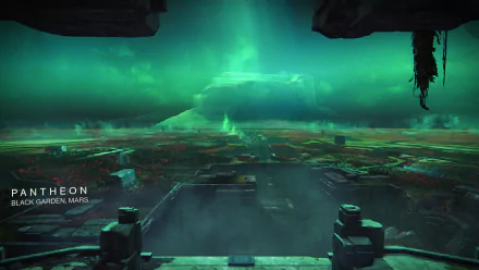 HD PC desktop wallpaper featuring a sci-fi landscape from the Destiny video game, showcasing the dark, atmospheric environment of Pantheon on Mars.