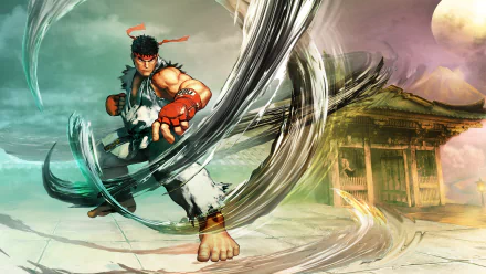 A dynamic 4K Ultra HD wallpaper featuring Ryu from Street Fighter V, showcasing his iconic battle stance with swirling energy effects and a traditional background setting.
