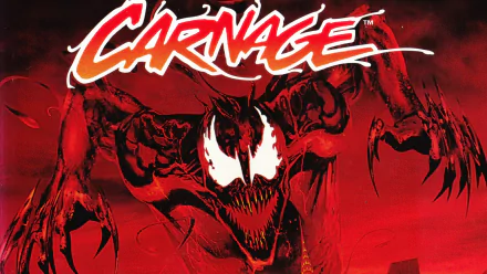HD PC desktop wallpaper featuring artwork from the video game Spider-Man and Venom: Maximum Carnage, showcasing the menacing character Carnage against a red background.