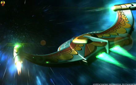 Ornate Romulan bird-of-prey streaking through a starfield with green engine trails and energy flares — sci-fi Star Trek (The Original Series) 4K UHD PC wallpaper.