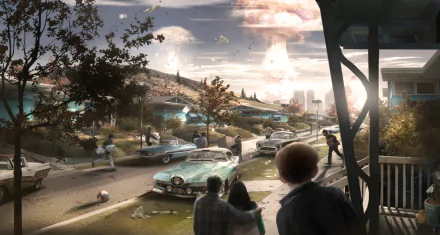 HD desktop wallpaper of Fallout 4 showing a suburban neighborhood with classic cars and people running in panic, with a large explosion in the background.