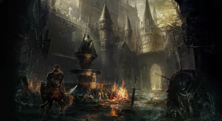 HD desktop wallpaper of Dark Souls III featuring a knight approaching a burning battlefield in a gloomy castle environment.