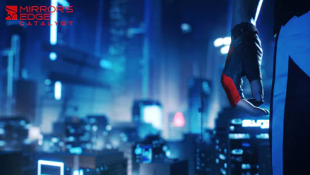 A vibrant HD wallpaper featuring Faith Connors from the video game Mirror's Edge Catalyst, showcasing a futuristic cityscape filled with towering buildings and neon lights.