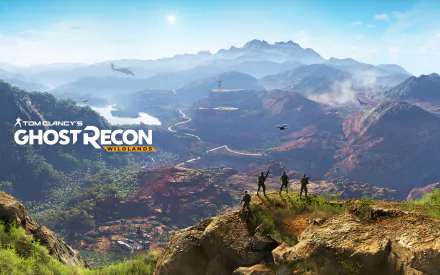 HD desktop wallpaper and background from Tom Clancy’s Ghost Recon Wildlands showing four soldiers overlooking a vast mountainous landscape with helicopters in the sky.