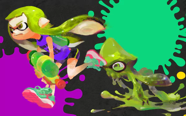 HD desktop wallpaper featuring Splatoon characters in action with vibrant ink splashes on a black background.