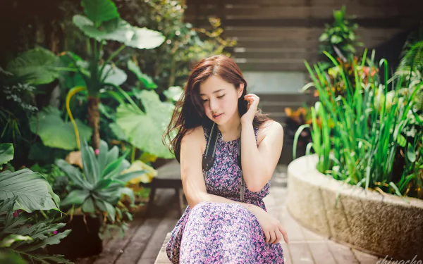 A Taiwanese woman in a patterned dress sits thoughtfully in a lush garden. The image, featuring Asian model Chén Sīyǐng, serves as an HD desktop wallpaper and background.