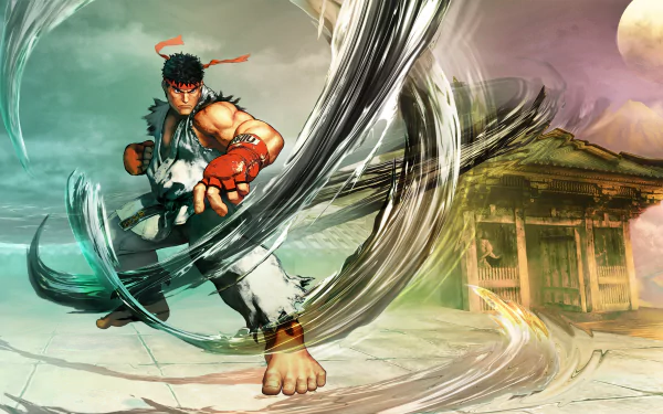 A dynamic 4K Ultra HD wallpaper featuring Ryu from Street Fighter V, showcasing his iconic battle stance with swirling energy effects and a traditional background setting.