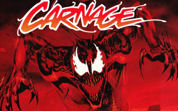 HD PC desktop wallpaper featuring artwork from the video game Spider-Man and Venom: Maximum Carnage, showcasing the menacing character Carnage against a red background.