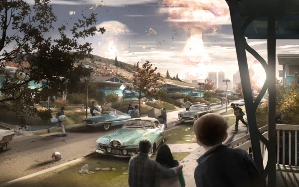 HD desktop wallpaper of Fallout 4 showing a suburban neighborhood with classic cars and people running in panic, with a large explosion in the background.