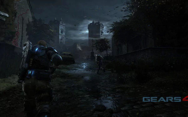 HD PC desktop wallpaper featuring a dark, intense scene from the video game Gears of War 4 with armored soldiers navigating a ruined environment at night.
