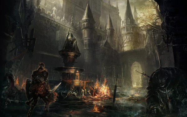 HD desktop wallpaper of Dark Souls III featuring a knight approaching a burning battlefield in a gloomy castle environment.
