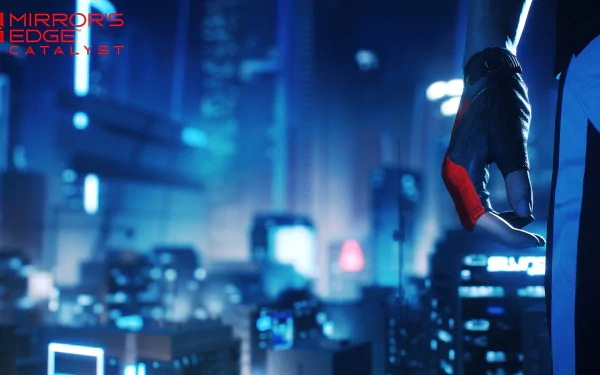 A vibrant HD wallpaper featuring Faith Connors from the video game Mirror's Edge Catalyst, showcasing a futuristic cityscape filled with towering buildings and neon lights.