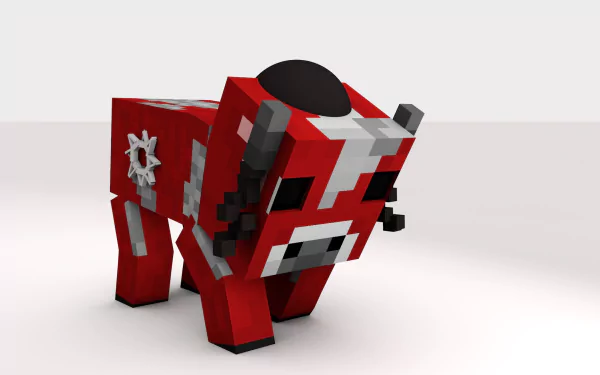 HD desktop wallpaper featuring a red Minecraft cow with black and white patches standing against a white background. Tags include Jew, video game, and Minecraft.