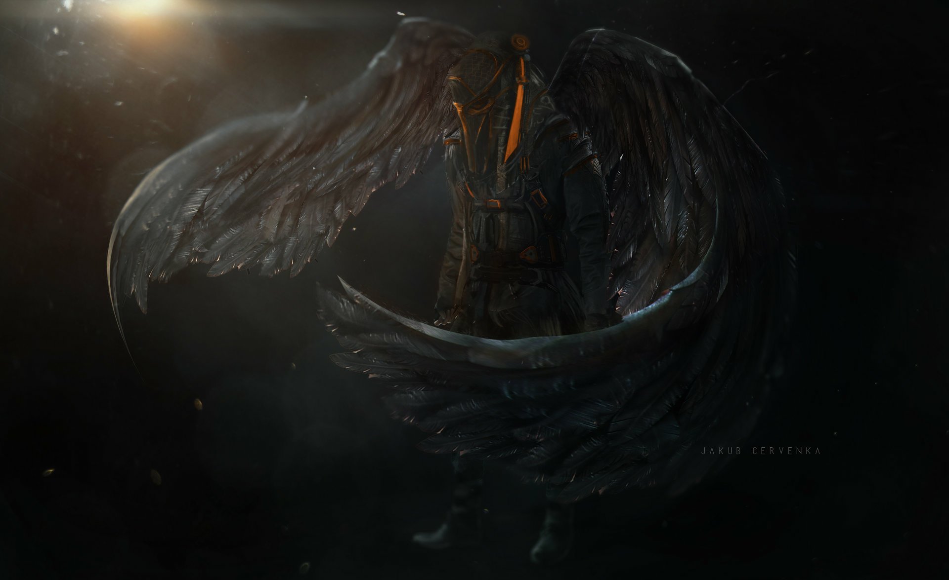 HD fantasy PC desktop wallpaper featuring a dark, mysterious angel with large wings emerging from shadows in a cosmic background.