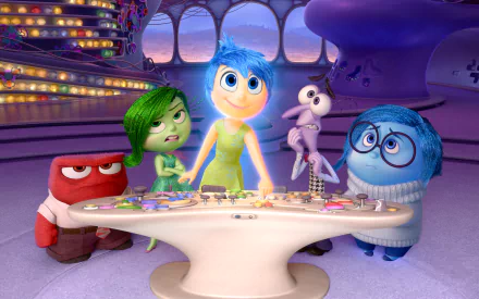 HD desktop wallpaper featuring characters Anger, Disgust, Fear, Sadness, and Joy from the movie Inside Out, showcasing the vibrant emotions in the control center.