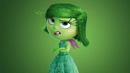 HD wallpaper featuring Disgust from the movie *Inside Out*, showcasing her green character design and expressive demeanor against a vibrant green background.