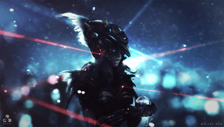 A sci-fi themed HD wallpaper featuring a woman in a futuristic outfit, illuminated by vibrant blue and red laser lights, creating an atmospheric and dynamic background.