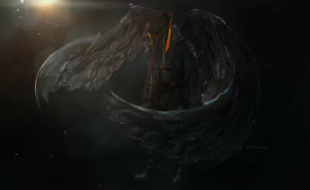 HD fantasy PC desktop wallpaper featuring a dark, mysterious angel with large wings emerging from shadows in a cosmic background.