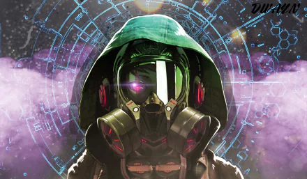 HD desktop wallpaper featuring an anime-style character in a sci-fi setting wearing a gas mask, surrounded by futuristic digital graphics.