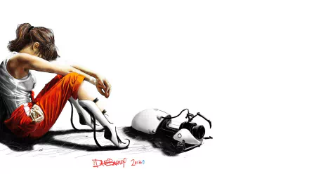 A striking HD wallpaper featuring a character from Portal 2, sitting contemplatively beside a portal gun, blending realism with a digital art style.