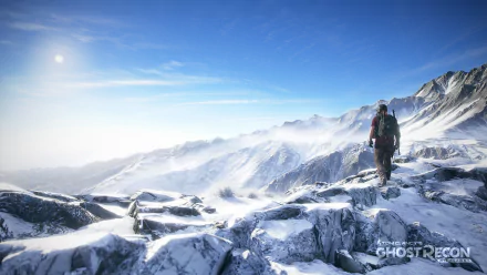 HD desktop wallpaper featuring stunning snowy mountain scenery from the video game Tom Clancy's Ghost Recon Wildlands, showcasing a lone character exploring the icy landscape under a clear blue sky.