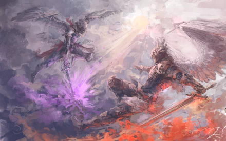 HD fantasy wallpaper depicting an epic battle between armored angel warriors with wings, wielding swords amid a dramatic sky and fiery landscape.