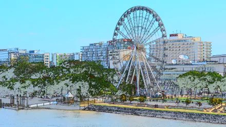 Sketch-style manipulation of the Wheel of Brisbane ferris wheel with Brisbane, Queensland skyline by the river — HD PC desktop wallpaper/background.