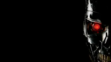 A striking HD wallpaper featuring the iconic Terminator from Terminator Genisys, showcasing its menacing metallic face and glowing red eye against a dark background.