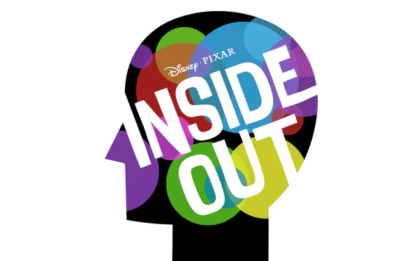 A colorful HD desktop wallpaper featuring the title Inside Out in bold lettering, encapsulated within a silhouette of a head, highlighting emotions in vibrant circles.