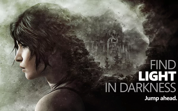 HD wallpaper featuring Lara Croft from Rise of the Tomb Raider, showcasing her in a dramatic setting with the text Find light in darkness. A captivating blend of action and storytelling.