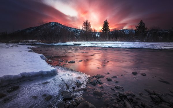 Nature Sunset River Landscape Winter Ice Snow HD Wallpaper | Background Image