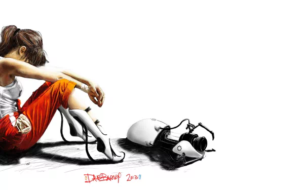 A striking HD wallpaper featuring a character from Portal 2, sitting contemplatively beside a portal gun, blending realism with a digital art style.