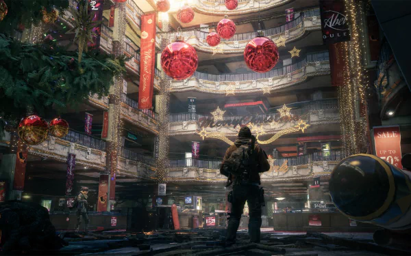 A stylized scene from Tom Clancy's The Division featuring a lone character in a beautifully decorated, multi-level space adorned with holiday decorations and vibrant colors.