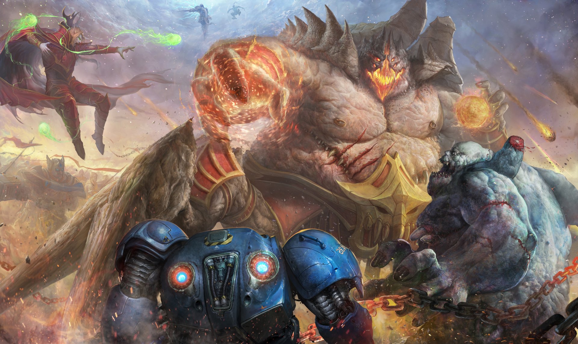 A 4K Ultra HD Heroes of the Storm scene featuring intense battle action between fiery and armored characters on a dynamic PC desktop wallpaper background.