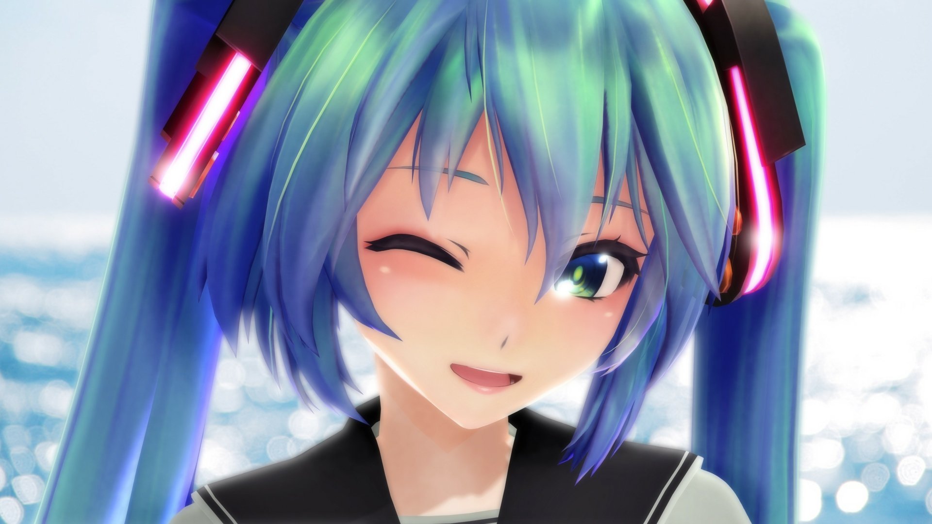 HD desktop wallpaper of Hatsune Miku, a Vocaloid character with long blue hair, winking with a cheerful expression. The background showcases a serene aquatic scene, enhancing the vibrant Anime artwork.