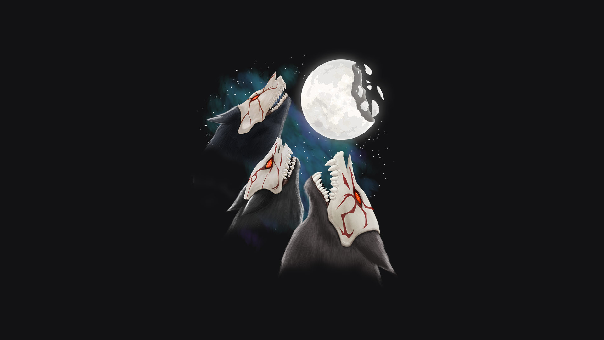 HD PC desktop wallpaper featuring three stylized wolves with red markings howling at a bright full moon, inspired by the anime RWBY.