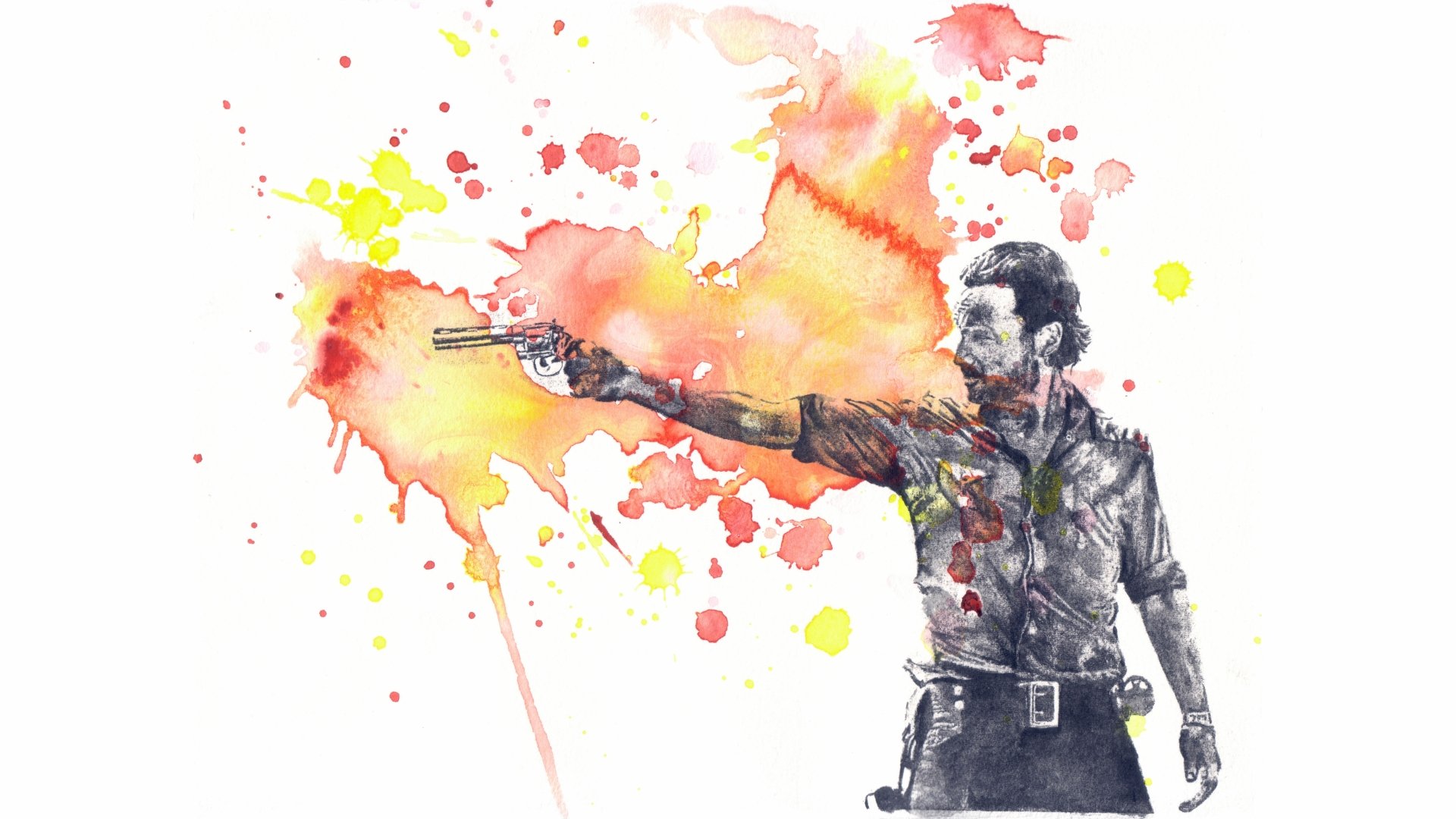4K Ultra HD PC desktop wallpaper featuring a watercolor-style illustration of a character from the TV show The Walking Dead aiming a handgun with colorful splashes.