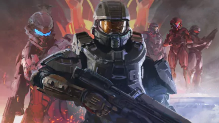 HD desktop wallpaper featuring Master Chief and Spartan soldiers from the video game Halo 5: Guardians, showcasing intense and detailed character design.