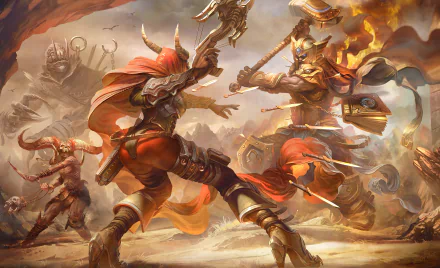 A dynamic HD wallpaper featuring intense combat between characters from Heroes of the Storm, highlighting a fierce battle with dramatic colors and detailed character designs.