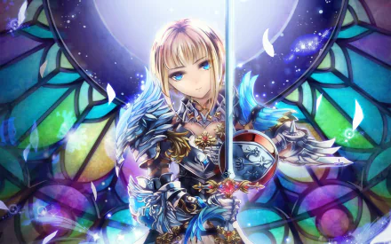 Jeanne d'Arc, a blonde woman warrior from Shingoku no Valhalla Gate video game, in ornate armor, holding a sword, with a stained glass background.