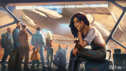 HD Sci-Fi desktop wallpaper featuring a thoughtful woman in futuristic attire overlooking a busy spaceport filled with diverse travelers and advanced spacecraft.