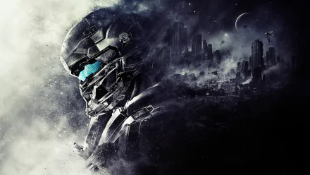 HD desktop wallpaper featuring a character from the video game Halo 5: Guardians, with a soldier in futuristic armor against a backdrop of a dark, dystopian cityscape.