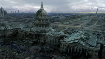 A stunning 4K Ultra HD wallpaper depicting a post-apocalyptic Capitol from Fallout 3, showcasing desolation and decay in a hauntingly atmospheric landscape.