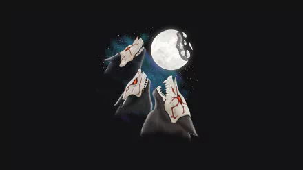 HD PC desktop wallpaper featuring three stylized wolves with red markings howling at a bright full moon, inspired by the anime RWBY.