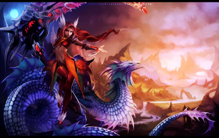 HD fantasy PC desktop wallpaper featuring a fierce woman standing beside a majestic dragon against a fiery, mystical landscape under a glowing moon.