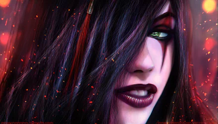 HD desktop wallpaper featuring Katarina from the Noxus faction in League of Legends. The image showcases her intense gaze and dark, striking features, capturing the essence of the video game character.