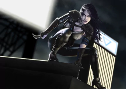 HD fantasy PC desktop wallpaper depicting a fierce woman warrior in dark, sleek armor crouching on a rooftop against a cityscape backdrop at night.